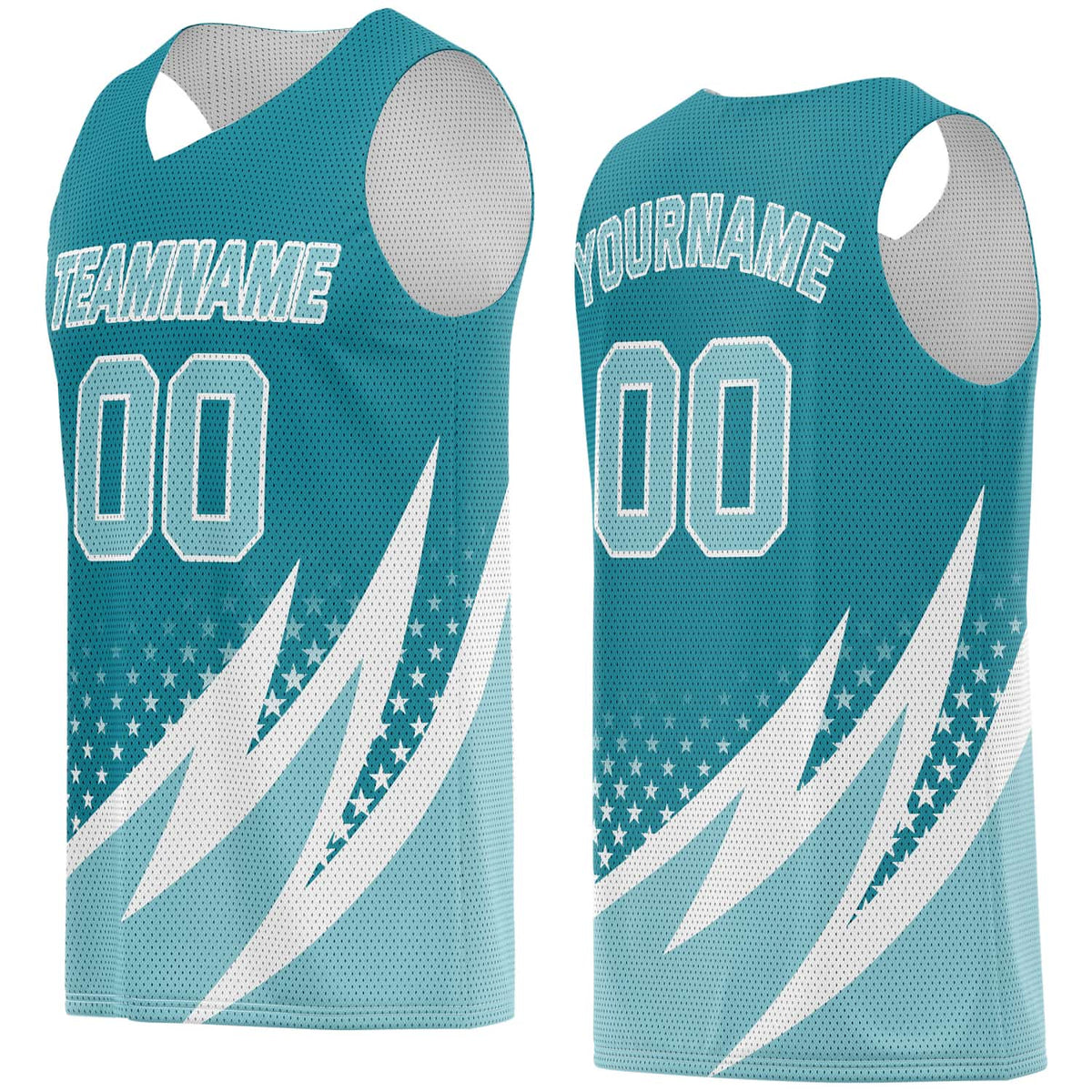 Custom Multi-Teal &amp; White Lightning-Star Pattern Basketball Jersey - Personalized Team Name, Number &amp; LOGO | Vosoli