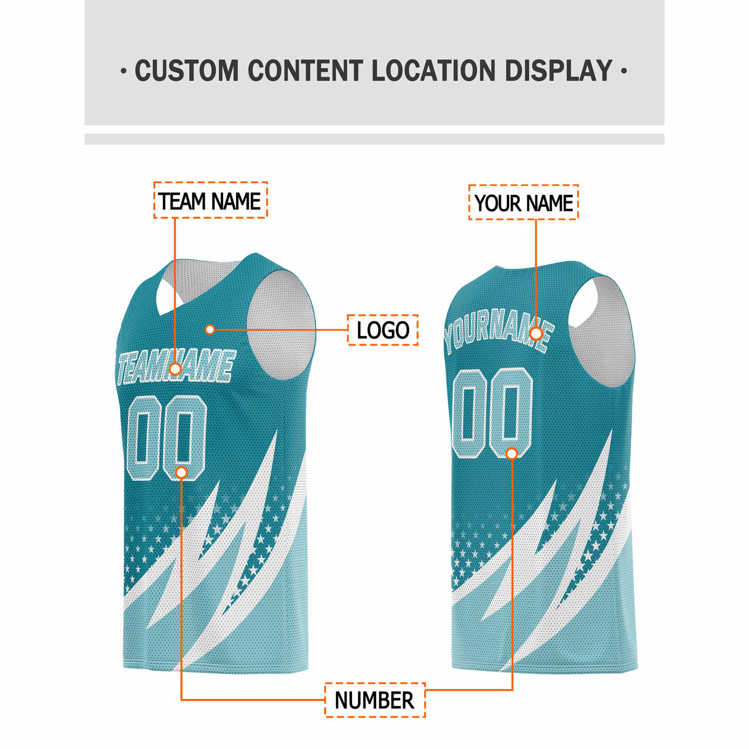 Custom Multi-Teal & White Lightning-Star Pattern Basketball Jersey - Personalized Team Name, Number & LOGO | Vosoli