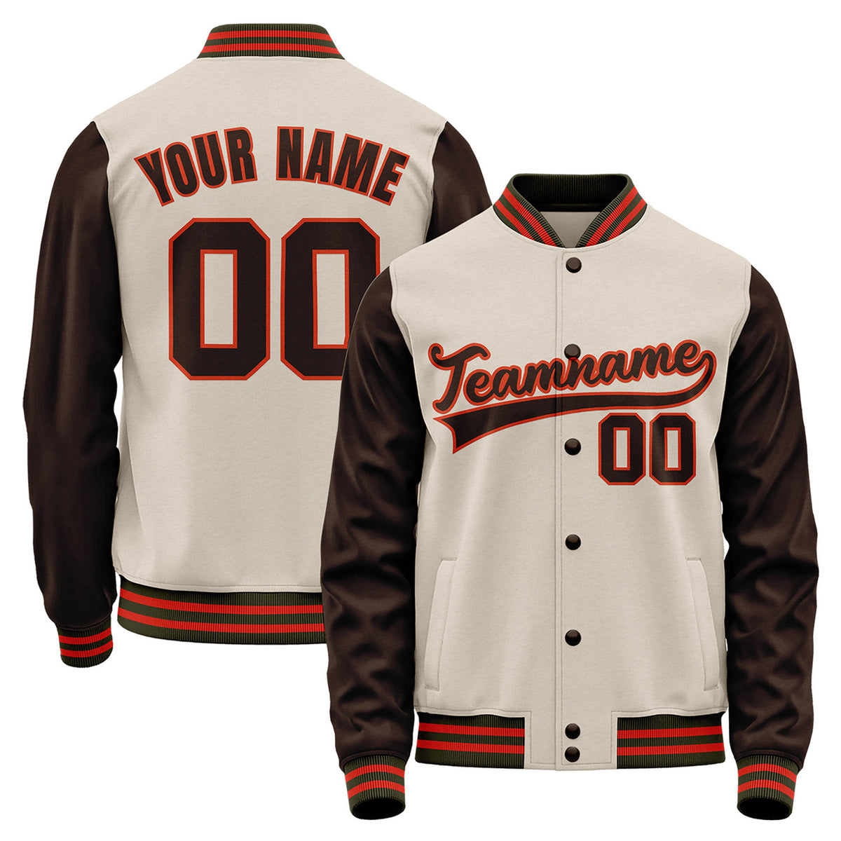 Team baseball jackets wholesale, cream and brown varsity bomber jacket, personalized team name, player number and custom logo.