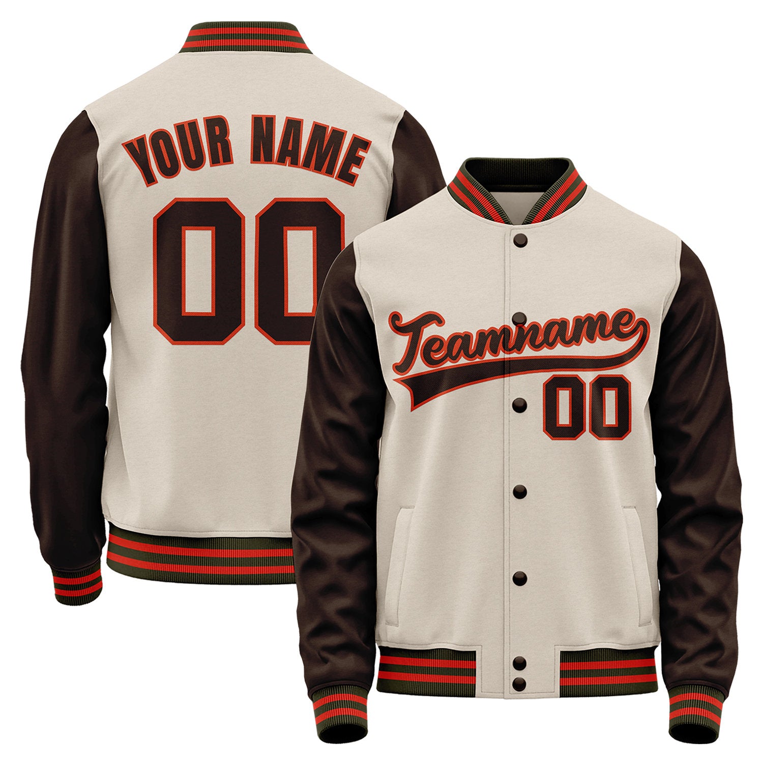 Team baseball jackets wholesale, cream and brown varsity bomber jacket, personalized team name, player number and custom logo.
