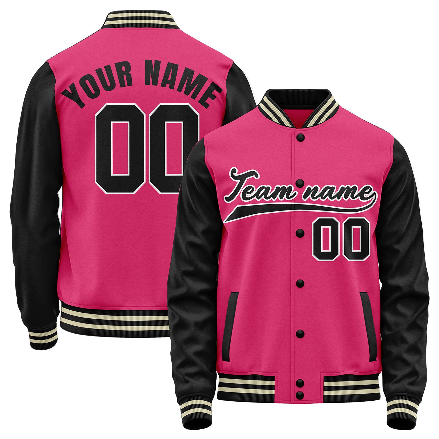 Team jackets for baseball, hot pink and black varsity letterman bomber jacket, custom team name, player number and logo.