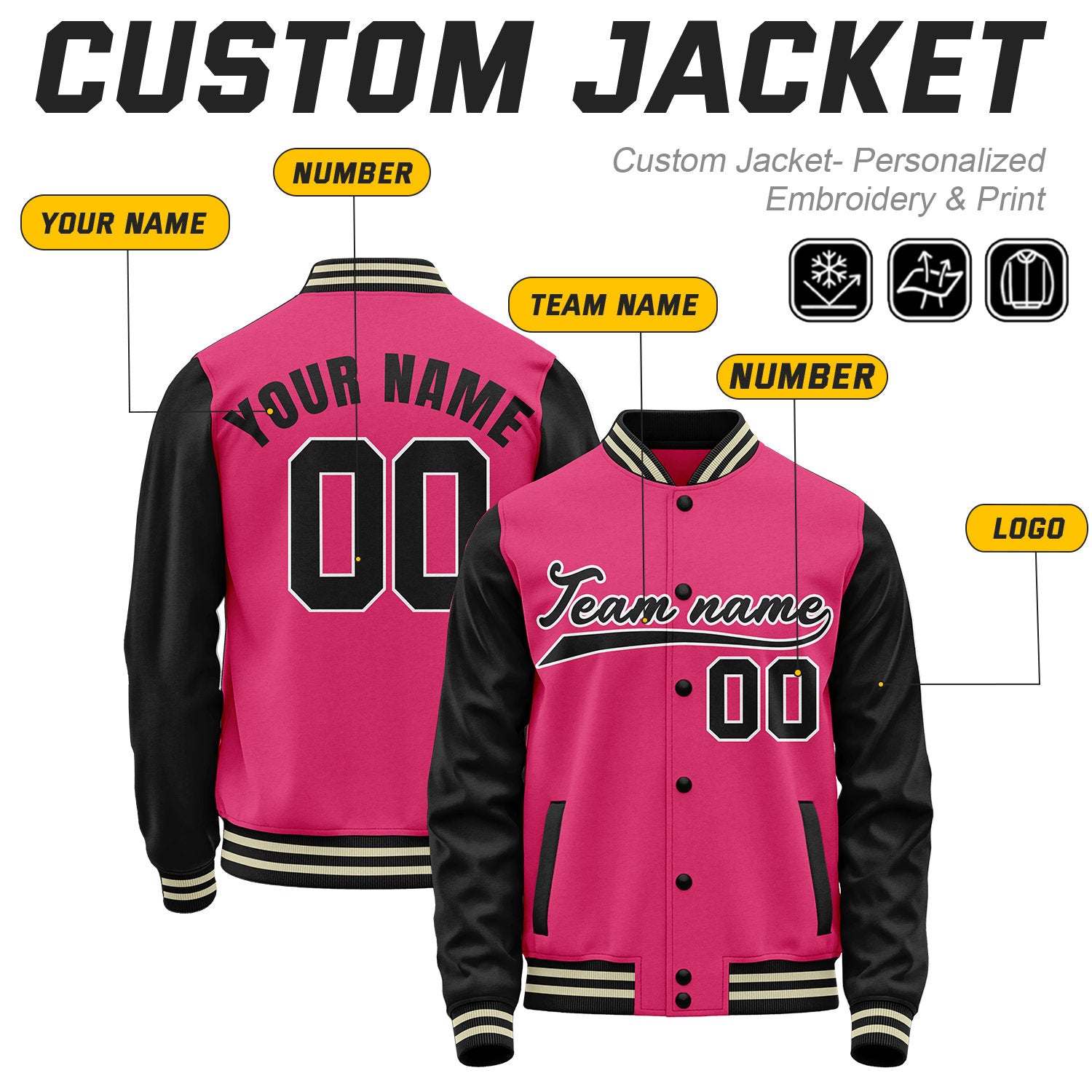 Custom Hot Pink & Black Baseball Bomber Jacket | Retro Collegiate Varsity & Letterman