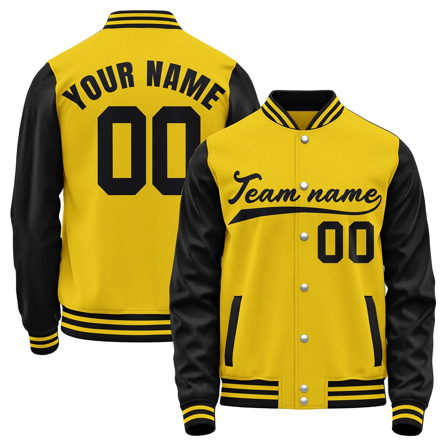 Team jackets for baseball, yellow and black varsity letterman bomber jacket, custom team name, player number and logo.