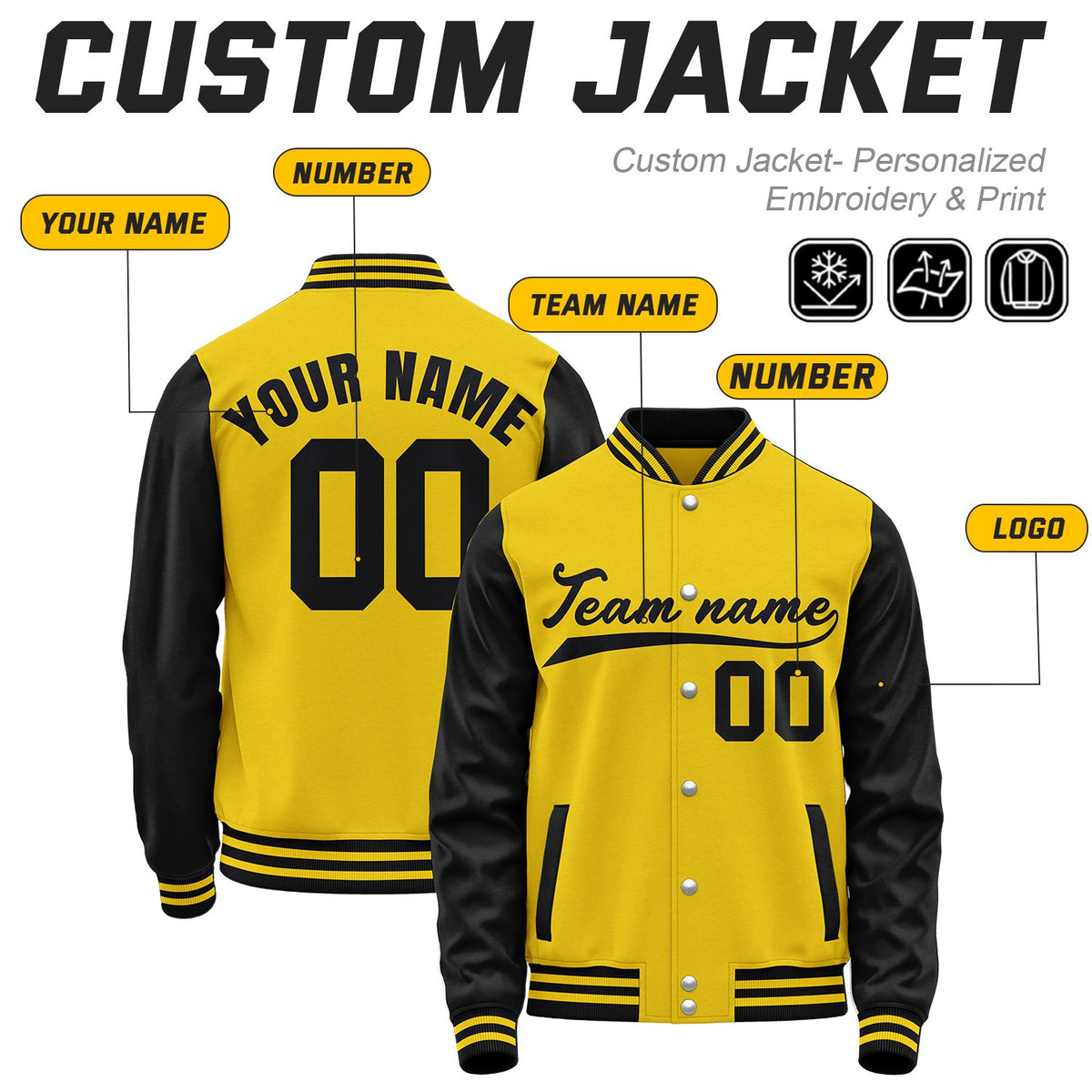 Custom Yellow & Black Baseball Bomber Jacket | Retro Collegiate Varsity & Letterman