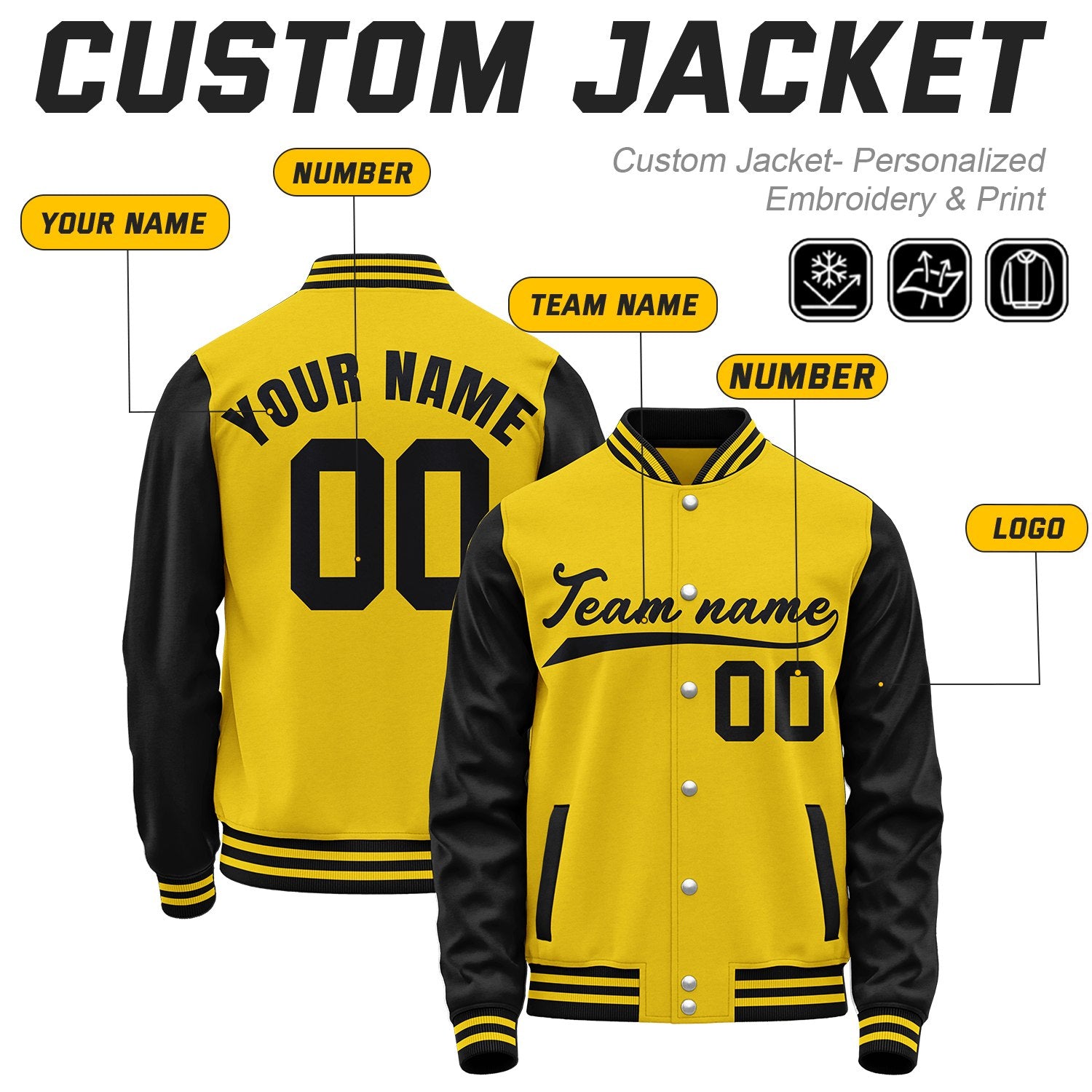 Custom Yellow & Black Baseball Bomber Jacket | Retro Collegiate Varsity & Letterman