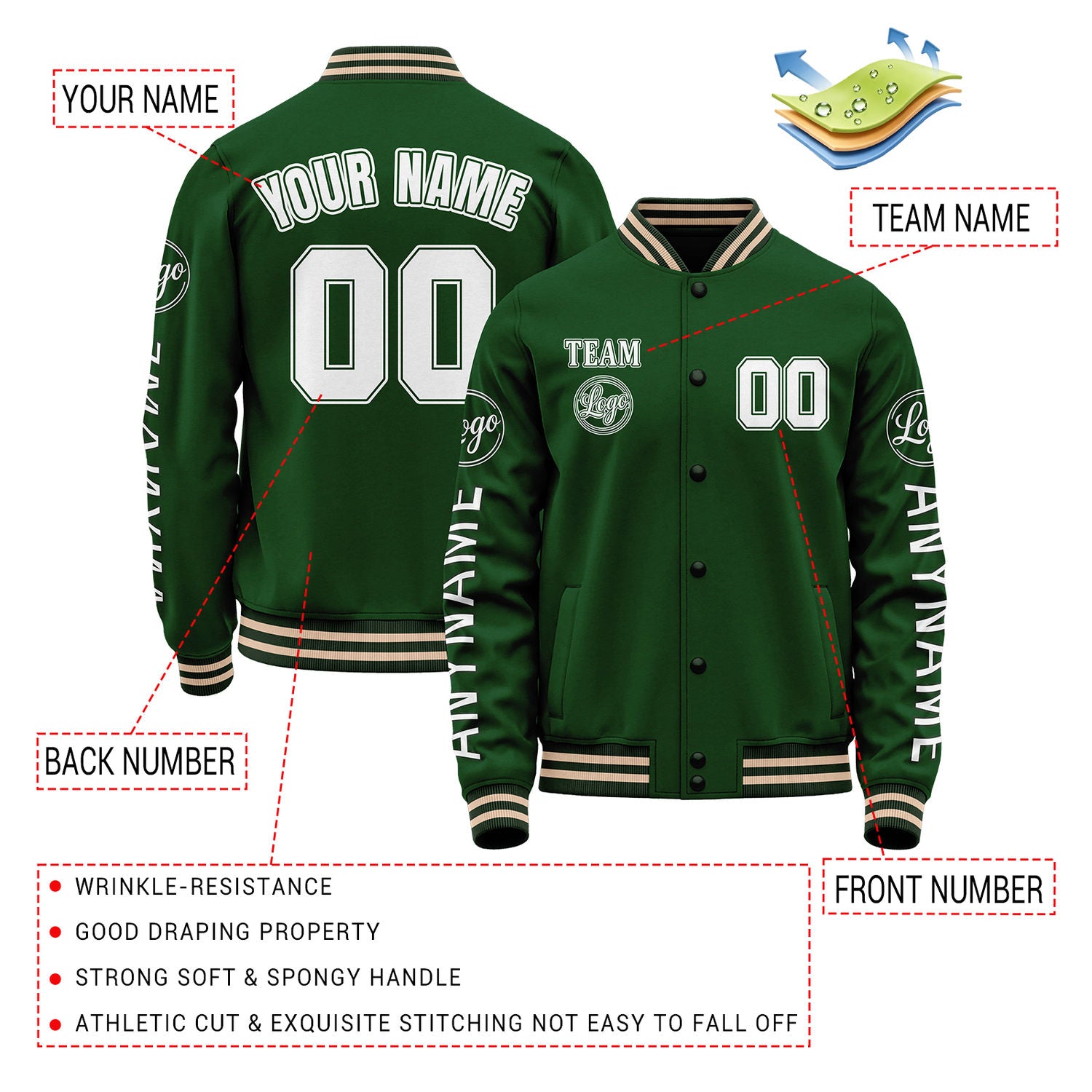 Custom Forest Green Varsity Jacket | Personalized Letterman Bomber with Sleeve Text & Logo
