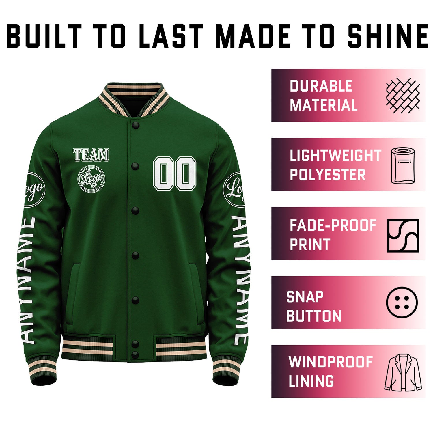 Custom Forest Green Varsity Jacket | Personalized Letterman Bomber with Sleeve Text & Logo