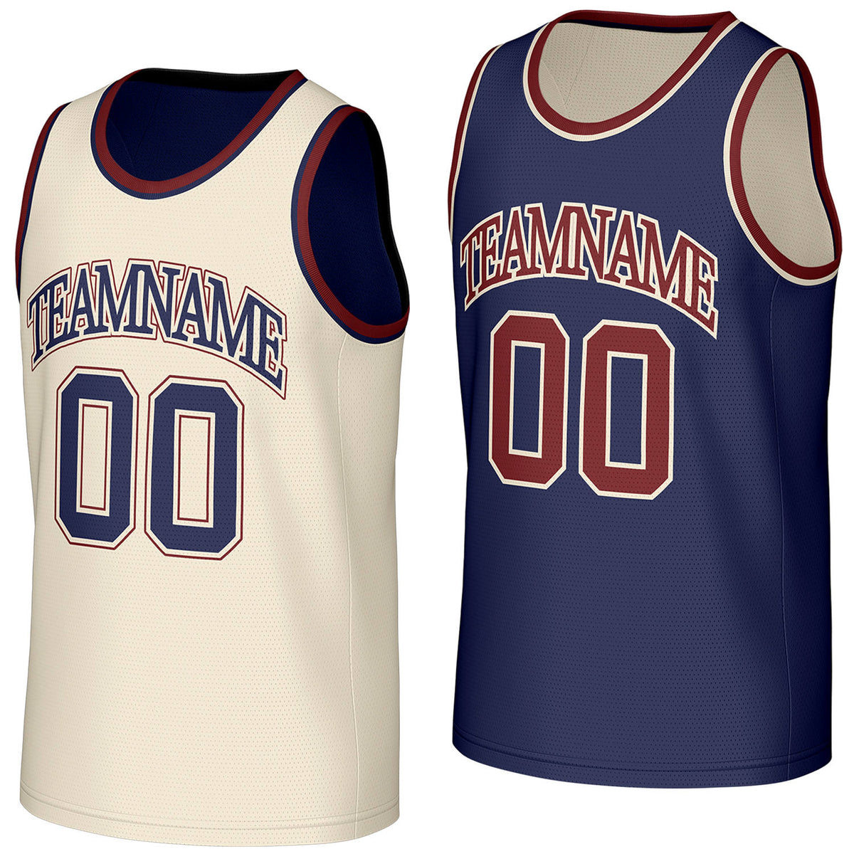throwback custom basketball jerseys cream navy reversible by Vosoli, personalized team name, number & logo, breathable mesh dual sided basketball jersey for team games