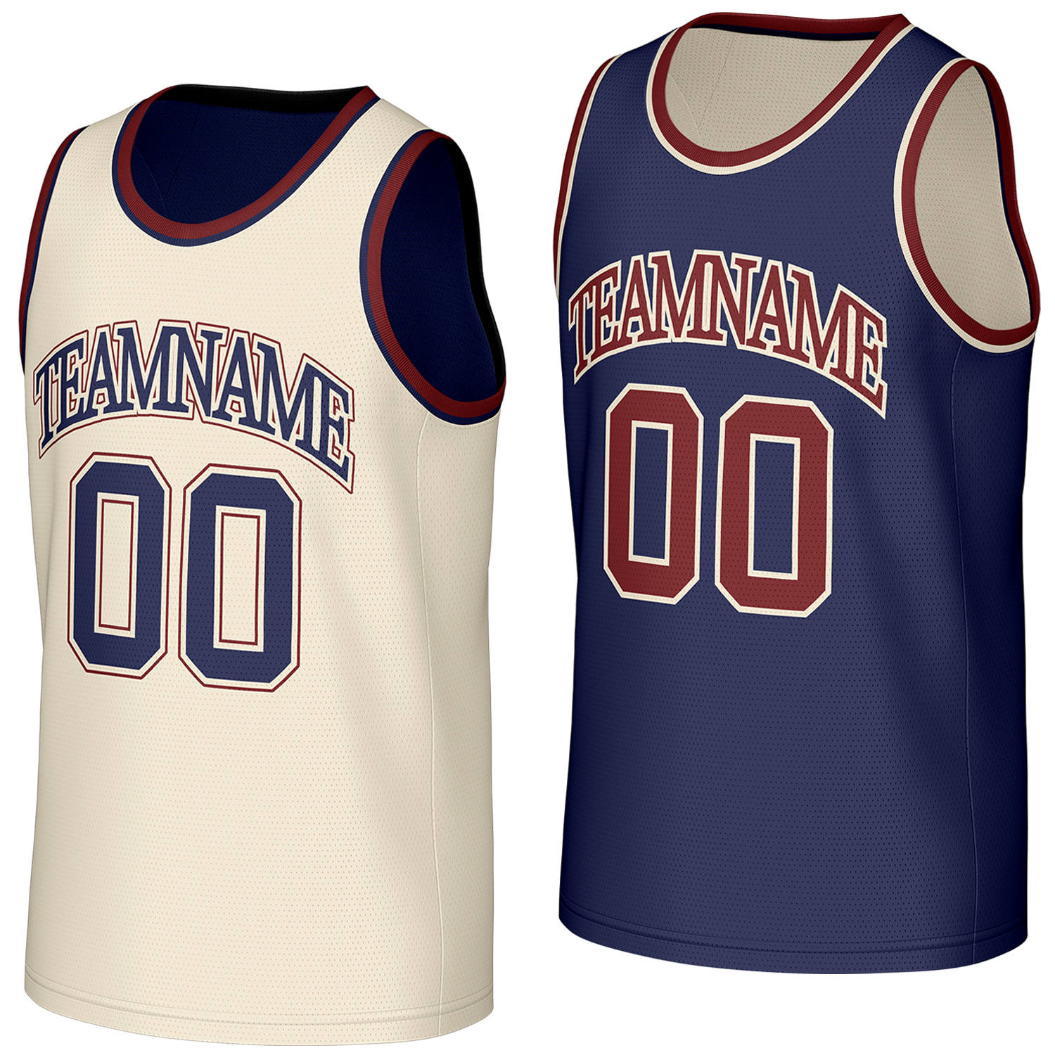 throwback custom basketball jerseys cream navy reversible by Vosoli, personalized team name, number & logo, breathable mesh dual sided basketball jersey for team games