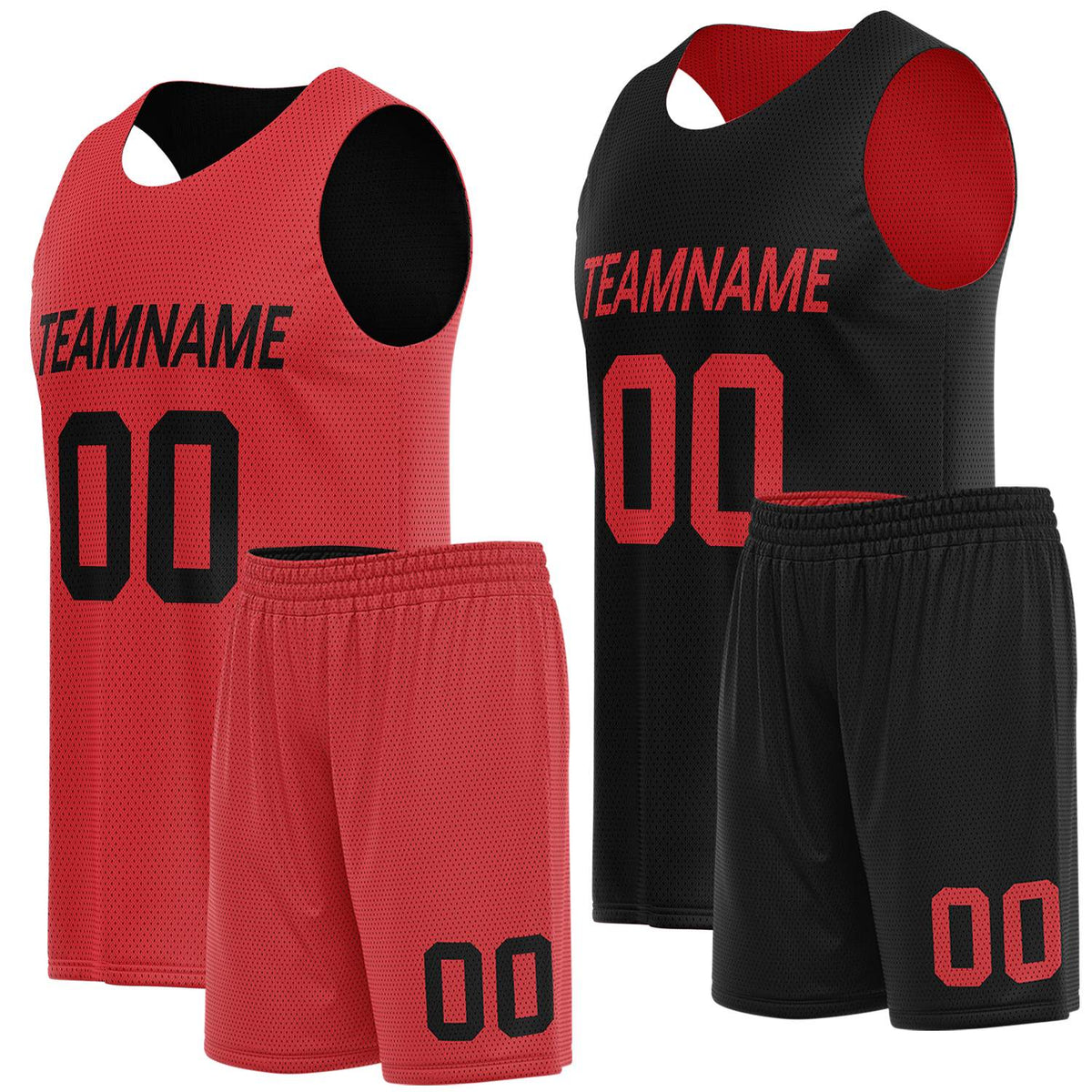 University basketball team uniforms red black by Vosoli. Personalized team name, player number &amp; logo. Breathable mesh. Fast delivery.