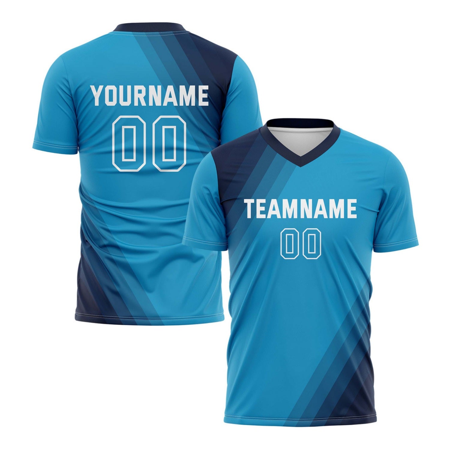 Custom Aqua Blue & Navy Diagonal Stripe Soccer Jersey for Teams & Individuals | Vosoli