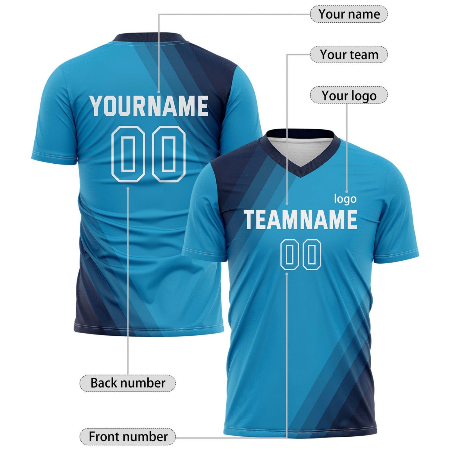 Custom Aqua Blue & Navy Diagonal Stripe Soccer Jersey for Teams & Individuals | Vosoli