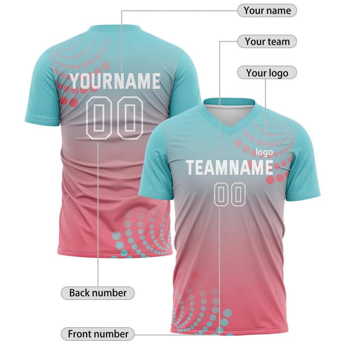 Custom Aqua & Pink Dot Pattern Ombre Soccer Jersey for Teams & Individuals | Vosoli