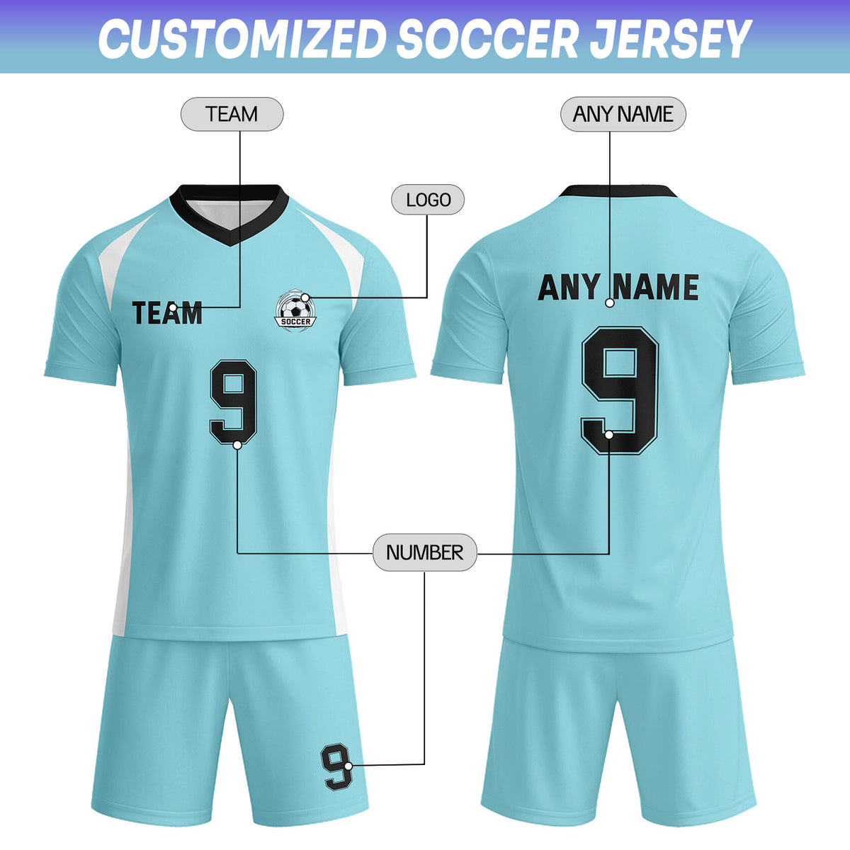 Custom Aqua & White-Black Soccer Uniform Set - Personalized Team Name & Number | Vosoli
