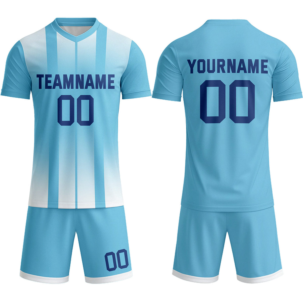 Custom Aqua, White &amp; Navy Stripe Gradient Soccer Uniform Set for Teams &amp; Individuals | Vosoli