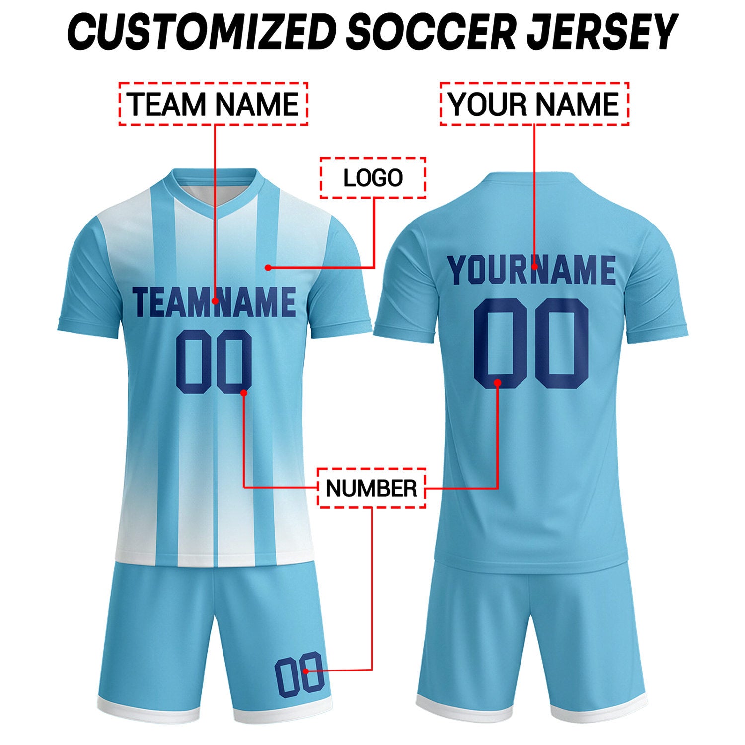 Custom Aqua, White & Navy Stripe Gradient Soccer Uniform Set for Teams & Individuals | Vosoli