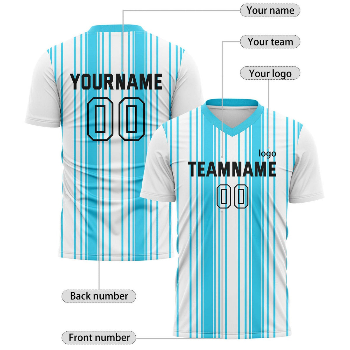 Custom Aqua & White Vertical Stripe Soccer Jersey for Teams & Individuals | Vosoli