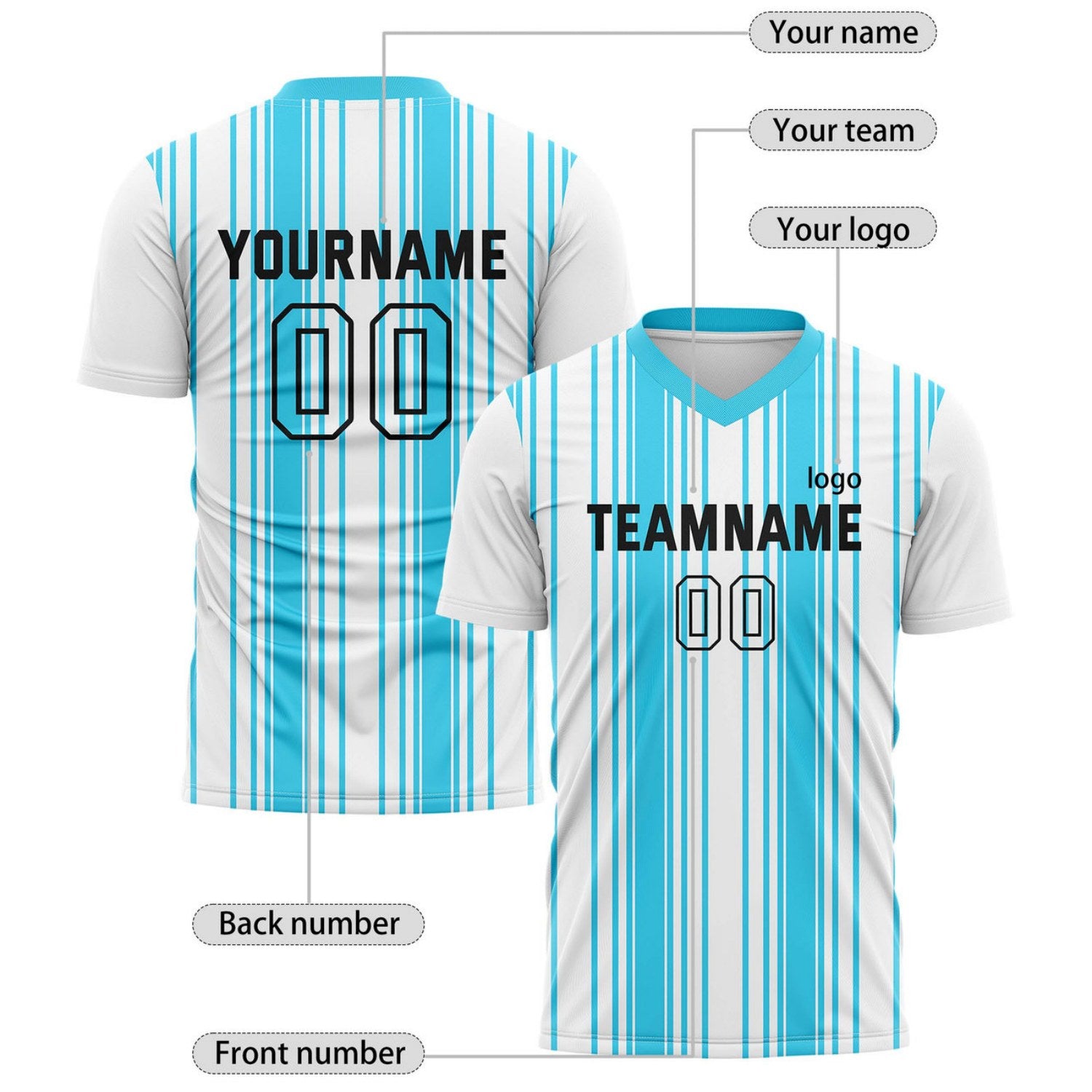 Custom Aqua & White Vertical Stripe Soccer Jersey for Teams & Individuals | Vosoli