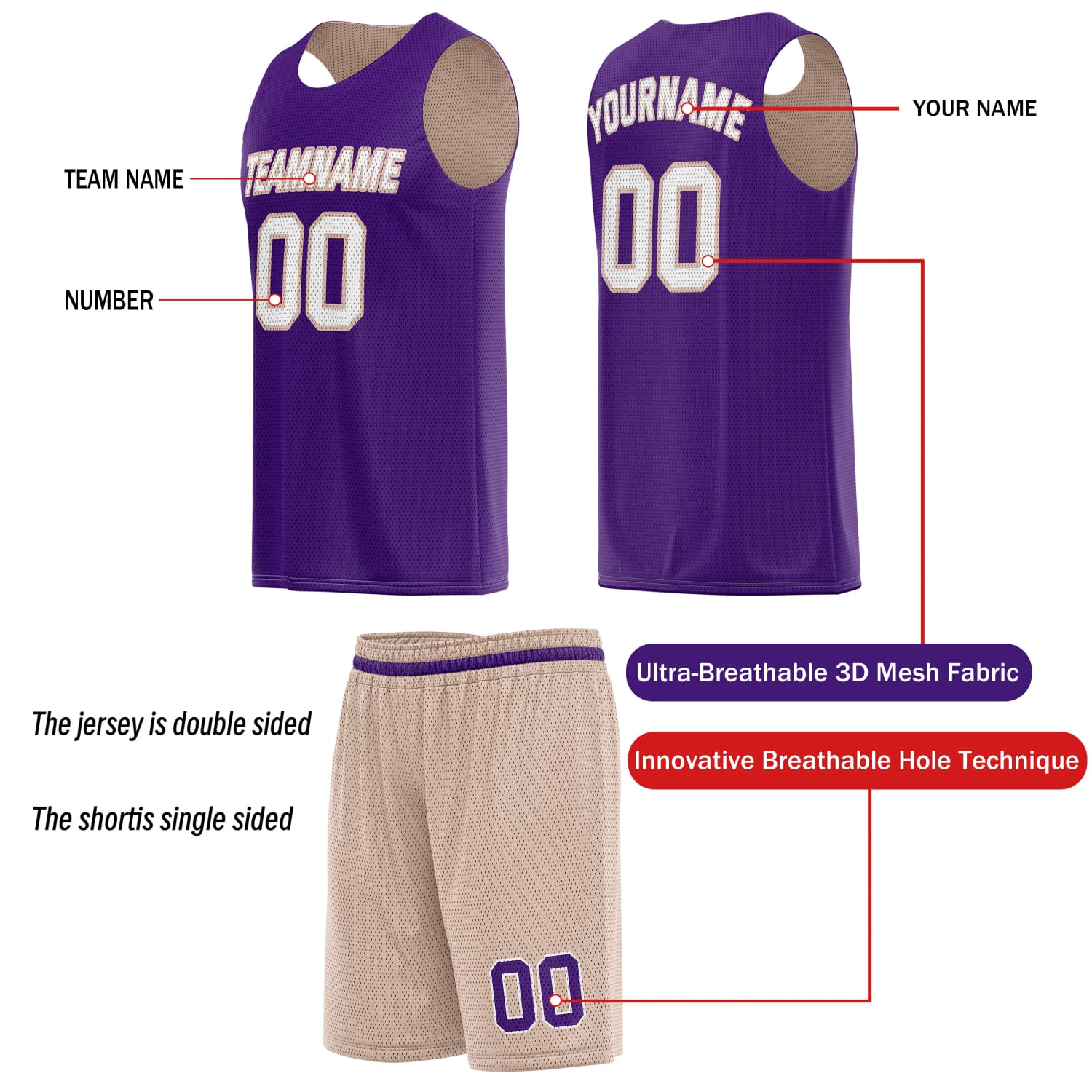 Custom Reversible Basketball Jersey & Shorts Set for Individuals & Teams – Beige Purple | Vosoli