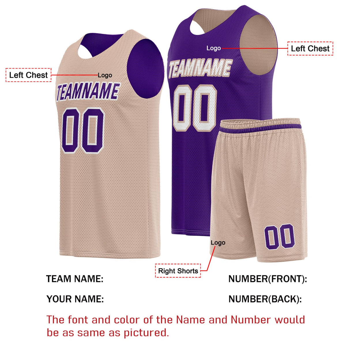 Custom Reversible Basketball Jersey & Shorts Set for Individuals & Teams – Beige Purple | Vosoli