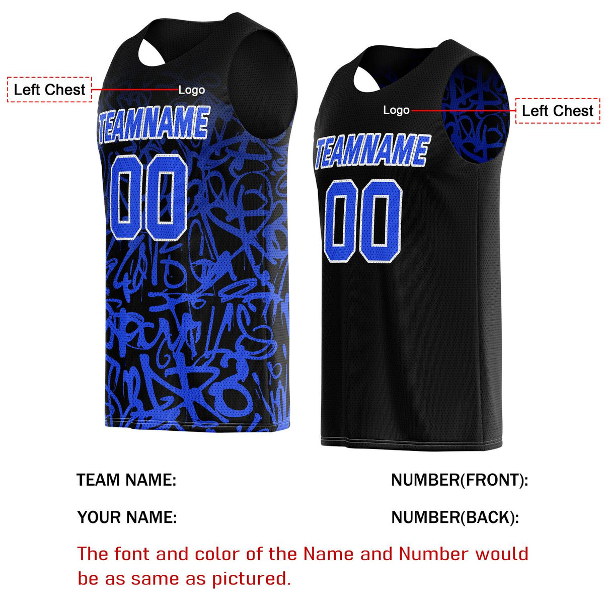 Custom Reversible Basketball Jersey for Individuals & Teams – Black & Blue Graffiti | Vosoli