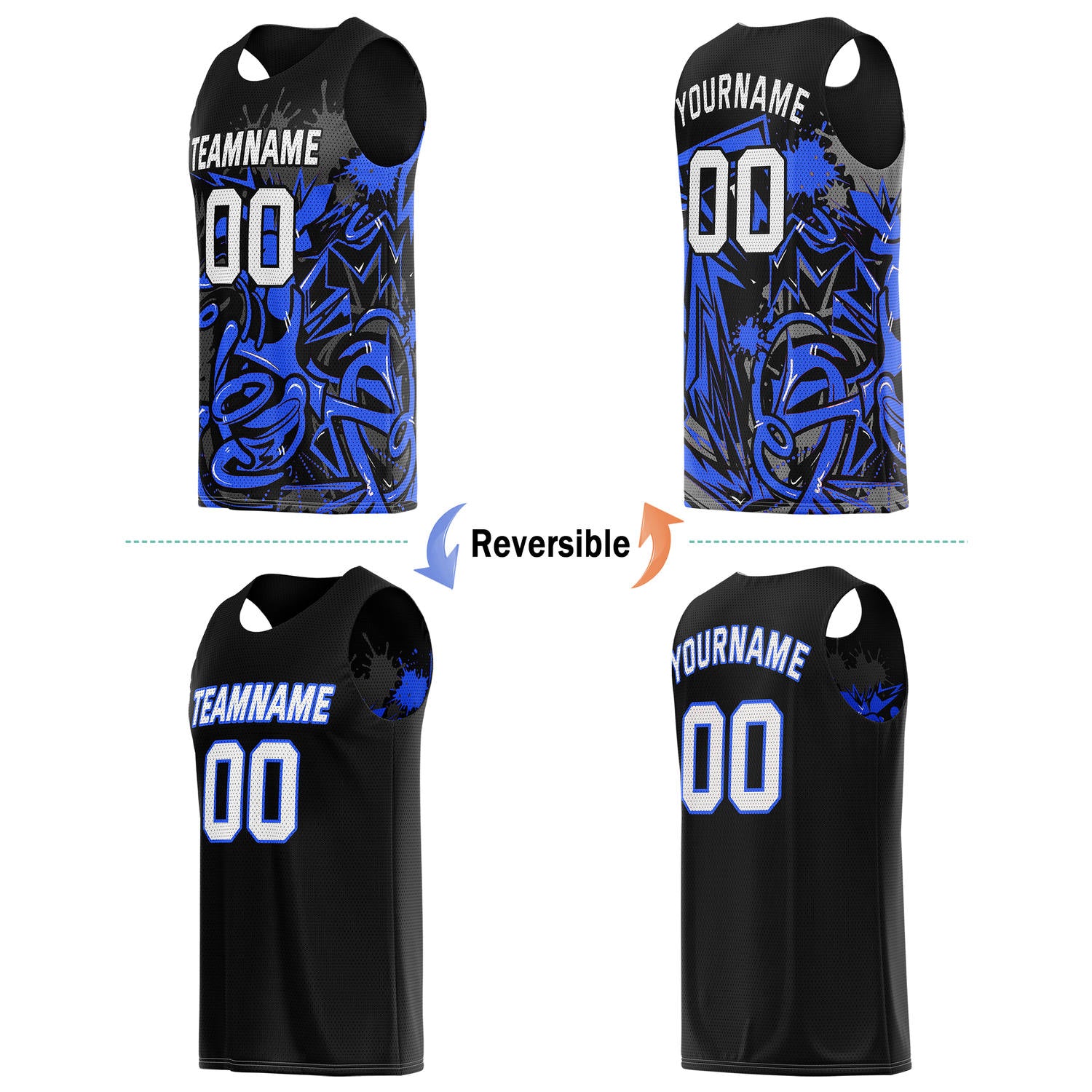 Custom Reversible Basketball Jersey for Individuals & Teams – Black Blue Graffiti | Vosoli