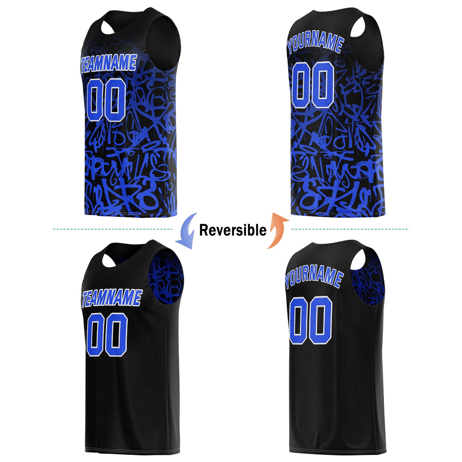 Custom Reversible Basketball Jersey for Individuals & Teams – Black & Blue Graffiti | Vosoli