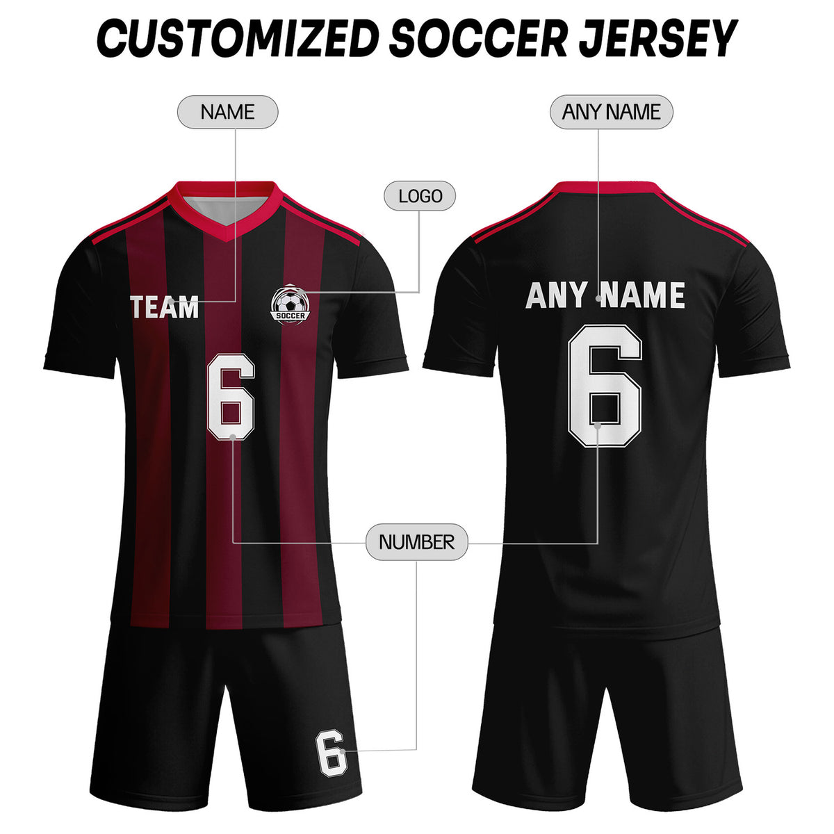 Custom Black & Burgundy-White Striped Soccer Uniform Set for Teams & Individuals | Vosoli