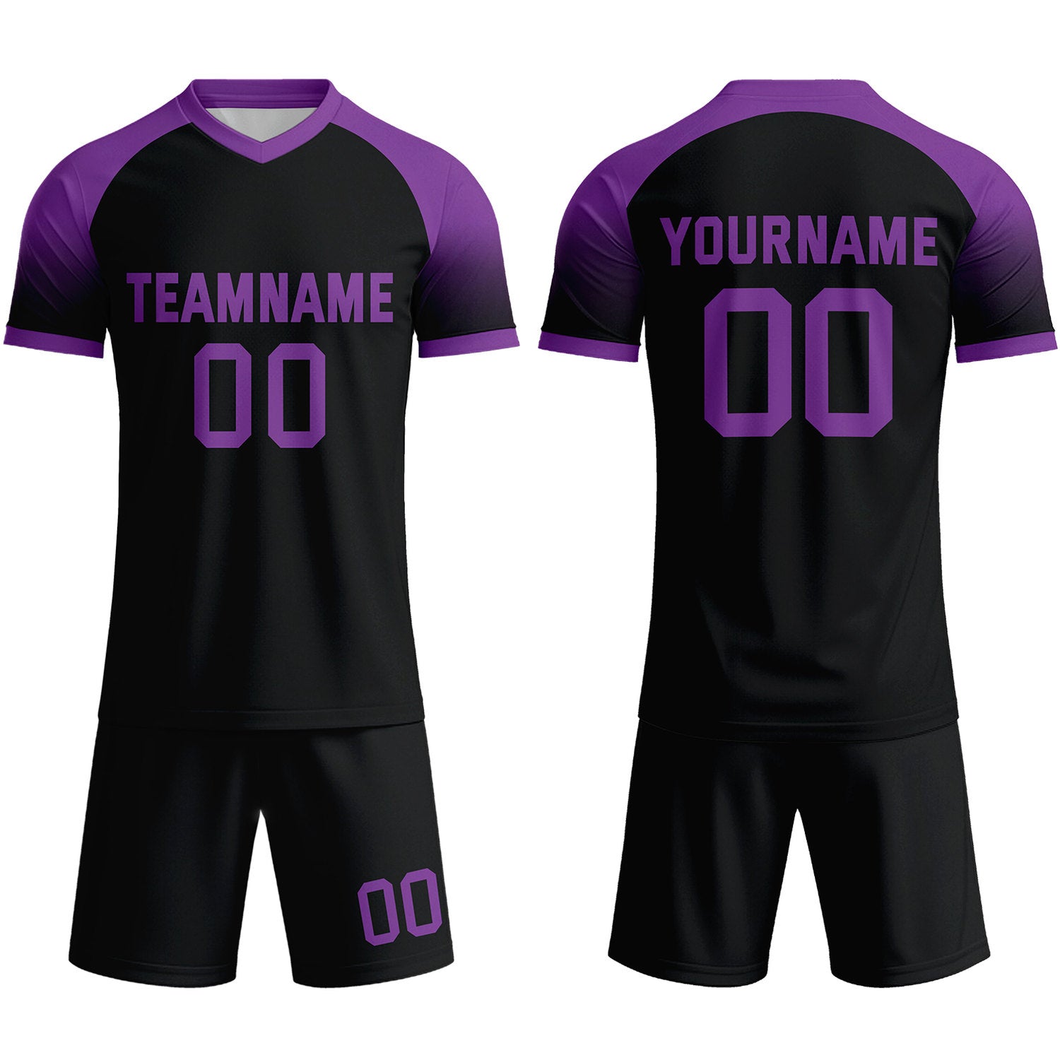 Custom Black & Deep Purple Raglan Sleeve Soccer Uniform Set for Teams & Individuals | Vosoli