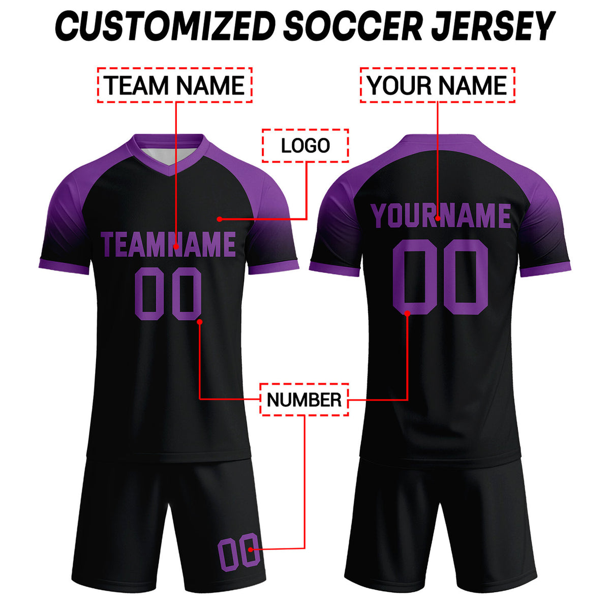 Custom Black & Deep Purple Raglan Sleeve Soccer Uniform Set for Teams & Individuals | Vosoli