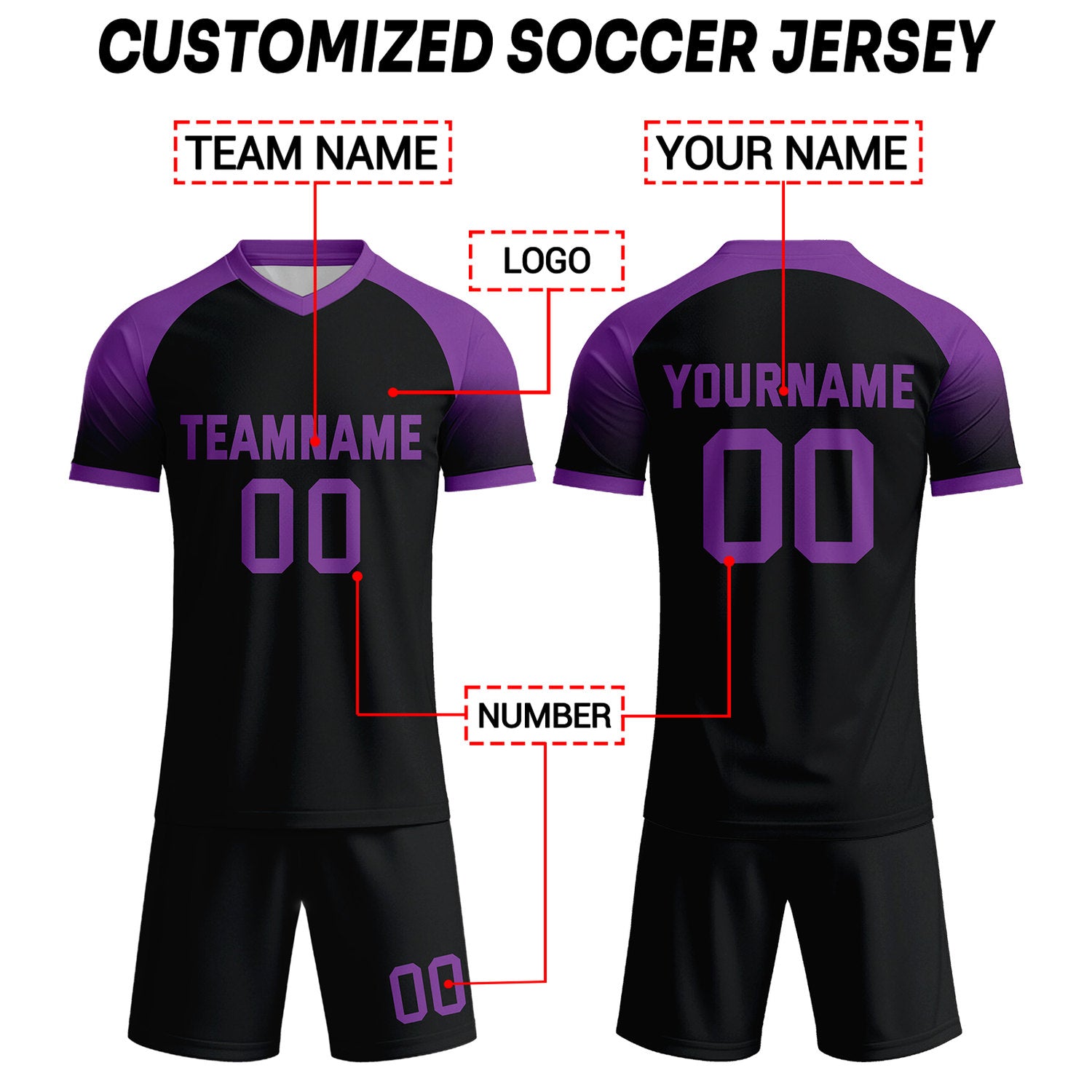 Custom Black & Deep Purple Raglan Sleeve Soccer Uniform Set for Teams & Individuals | Vosoli
