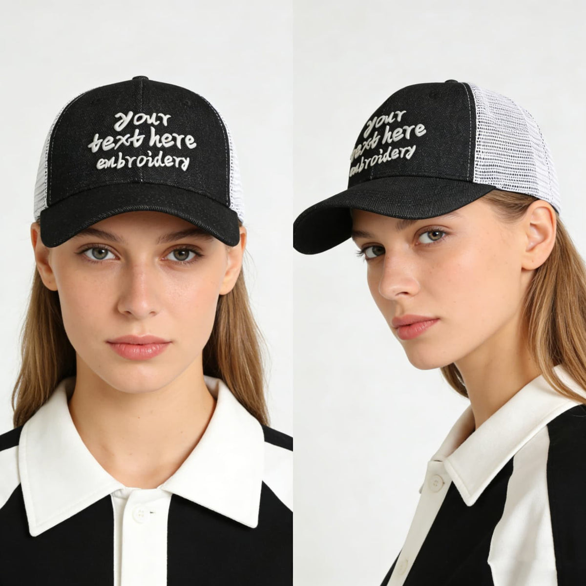 Vosoli Black White Denim Trucker Hat - Team Custom Embroider or Print Personalized Cap