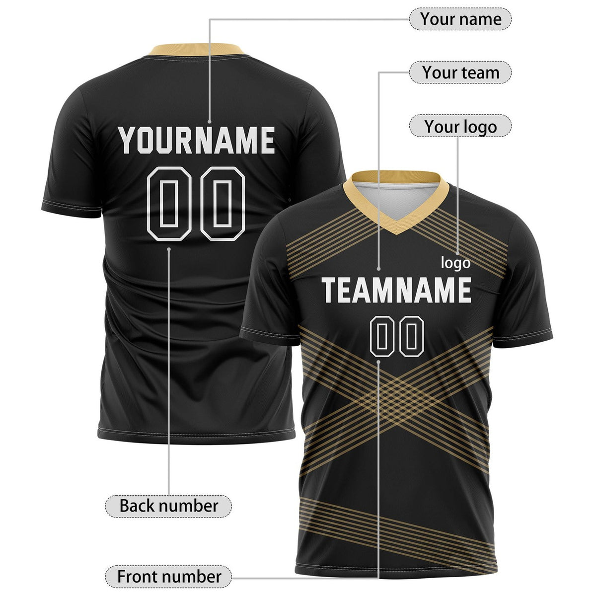 Custom Black & Gold Cross Stripe Soccer Jersey for Teams & Individuals | Vosoli