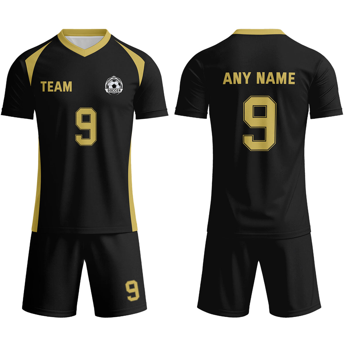 Custom Black &amp; Gold Soccer Uniform Set - Personalized Team Name &amp; Number | Vosoli