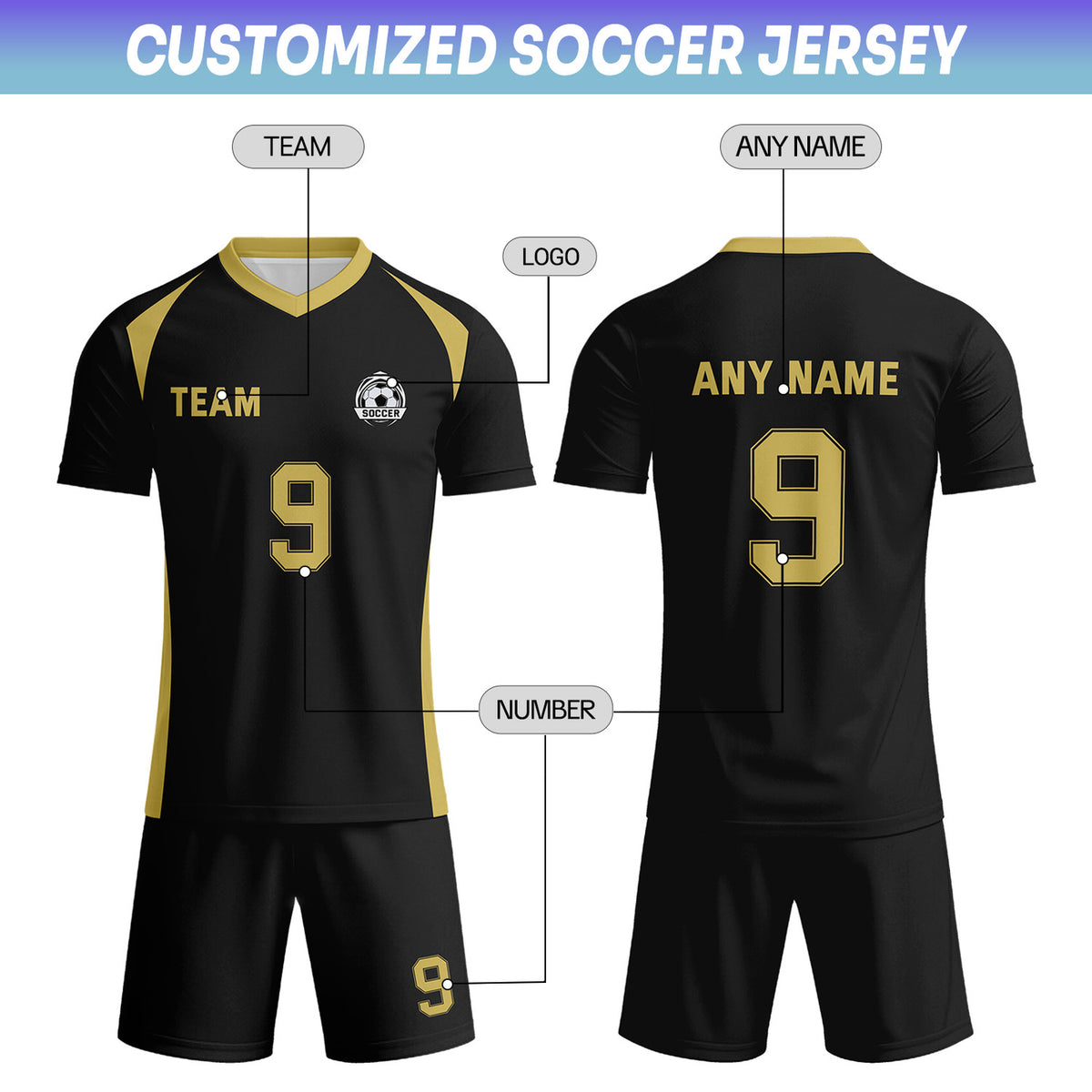 Custom Black & Gold Soccer Uniform Set - Personalized Team Name & Number | Vosoli