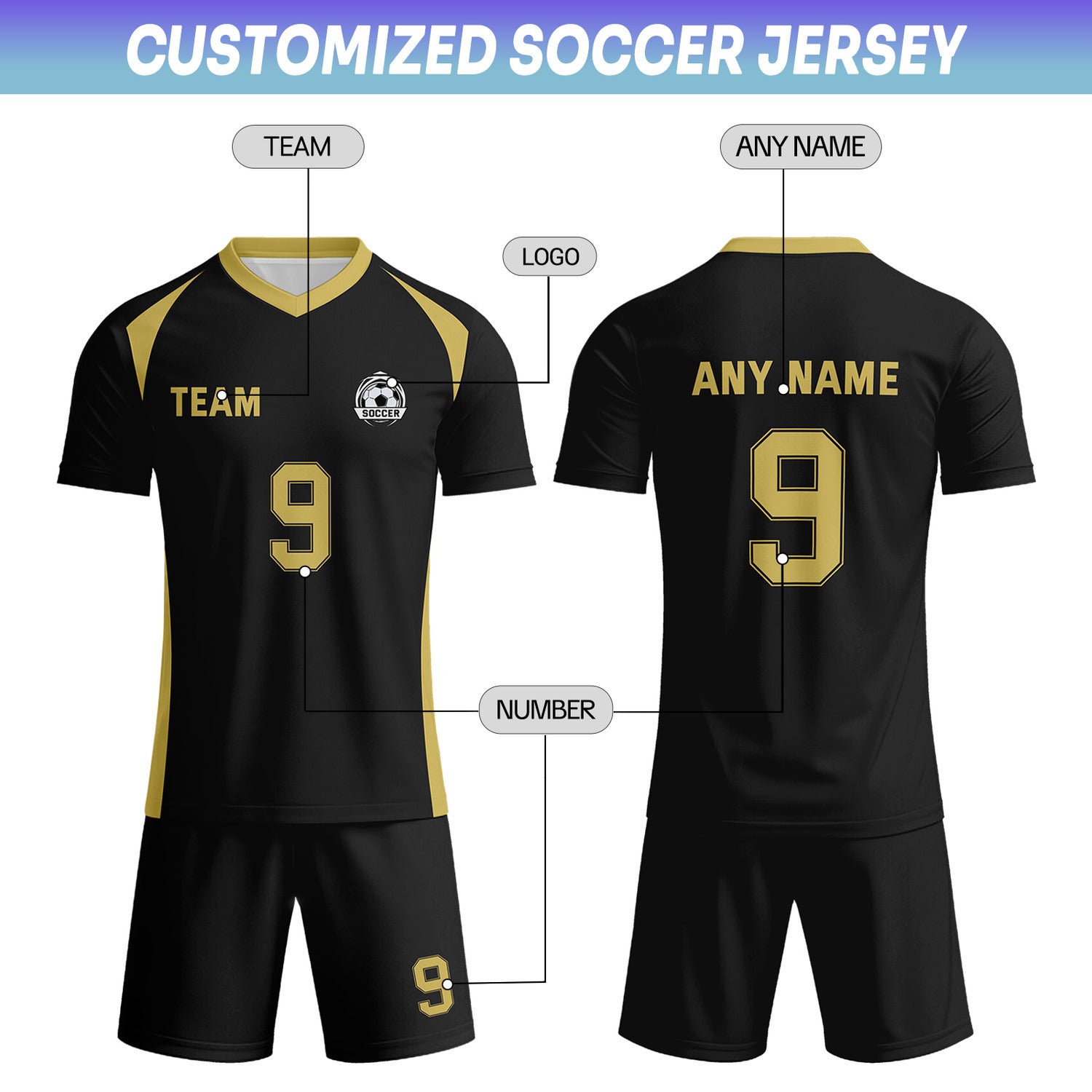 Custom Black & Gold Soccer Uniform Set - Personalized Team Name & Number | Vosoli
