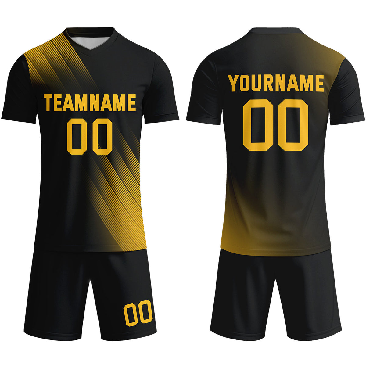 Custom Black &amp; Gold Stripe Soccer Uniform Set for Teams &amp; Individuals | Vosoli