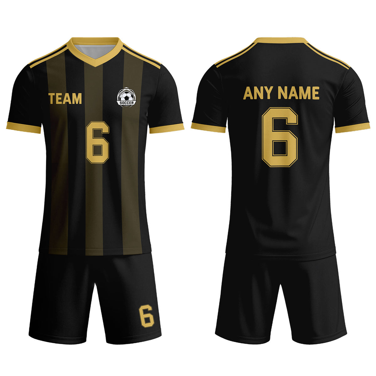 Custom Black &amp; Gold Striped Soccer Uniform Set for Teams &amp; Individuals | Vosoli