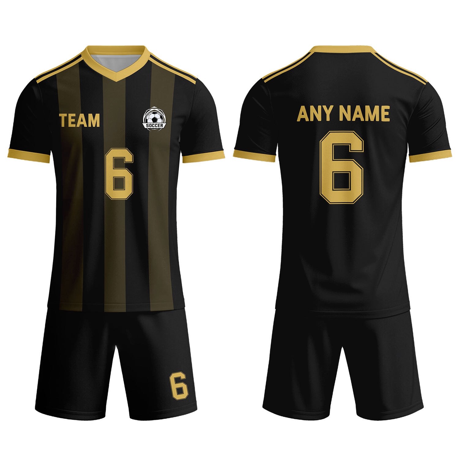 Custom Black & Gold Striped Soccer Uniform Set for Teams & Individuals | Vosoli