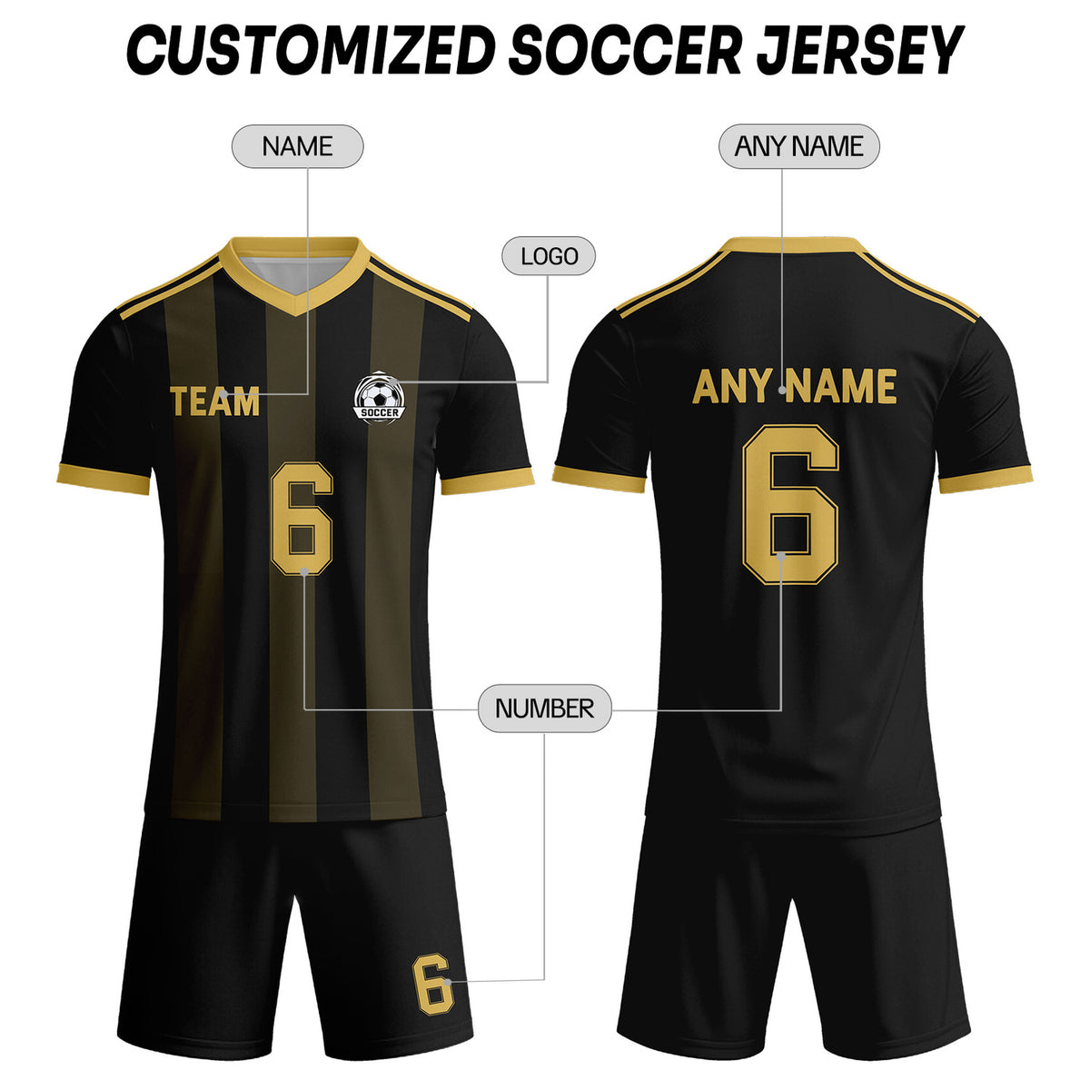 Custom Black & Gold Striped Soccer Uniform Set for Teams & Individuals | Vosoli