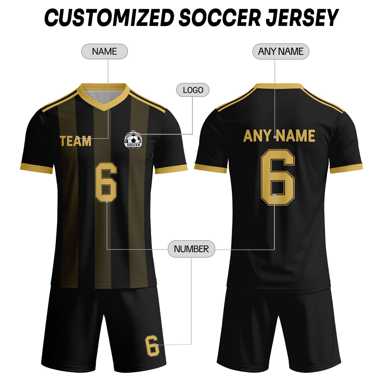Custom Black & Gold Striped Soccer Uniform Set for Teams & Individuals | Vosoli