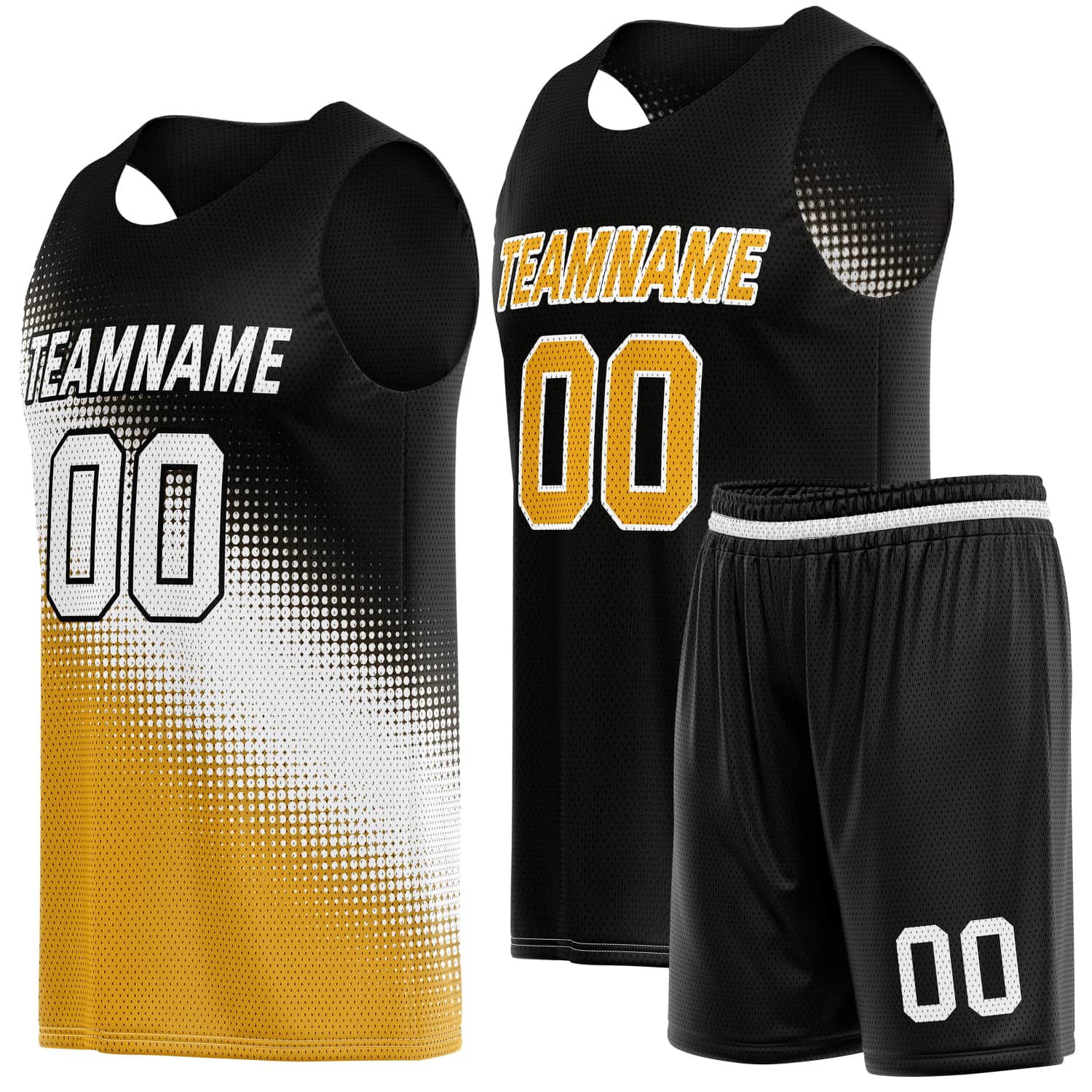 Custom Reversible Basketball Jersey & Shorts Set – Black Gold White Dot Gradient | Vosoli (For Teams & Individual Players)