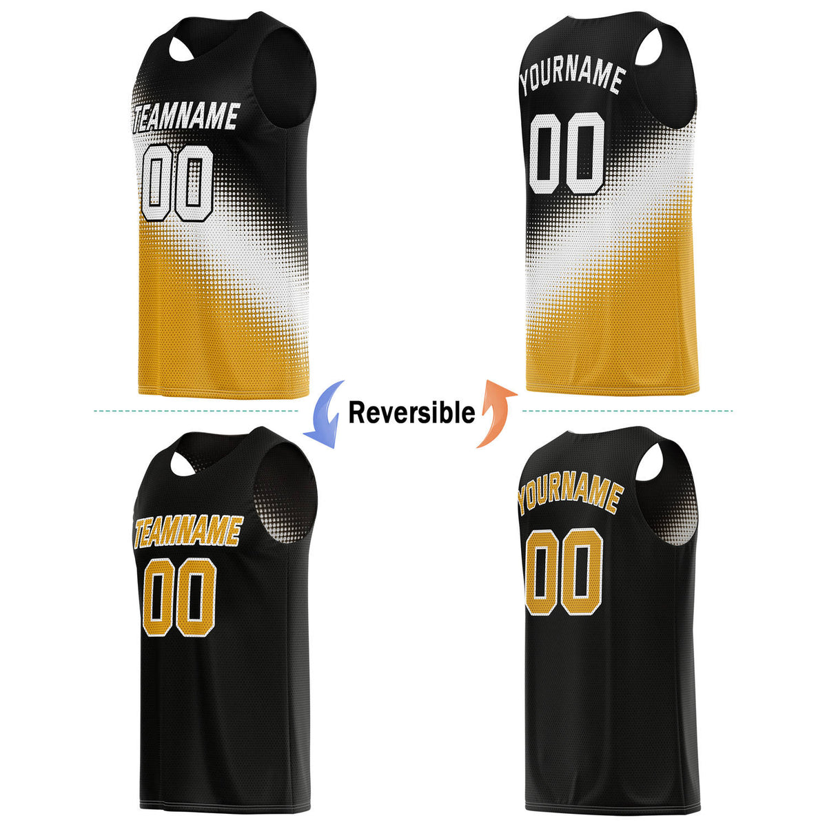 Custom Reversible Basketball Jersey & Shorts Set – Black Gold White Dot Gradient | Vosoli (For Teams & Individual Players)