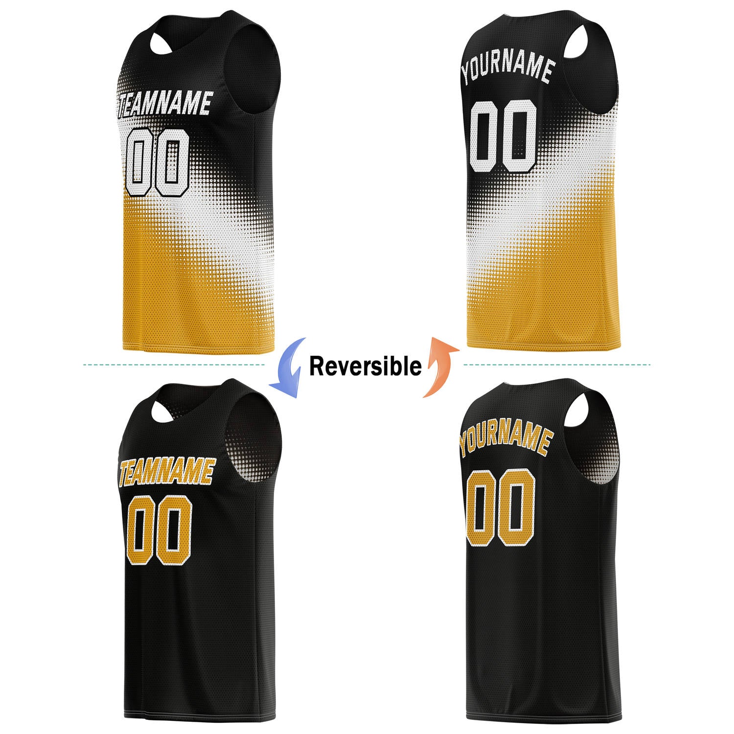 Custom Reversible Basketball Jersey & Shorts Set – Black Gold White Dot Gradient | Vosoli (For Teams & Individual Players)