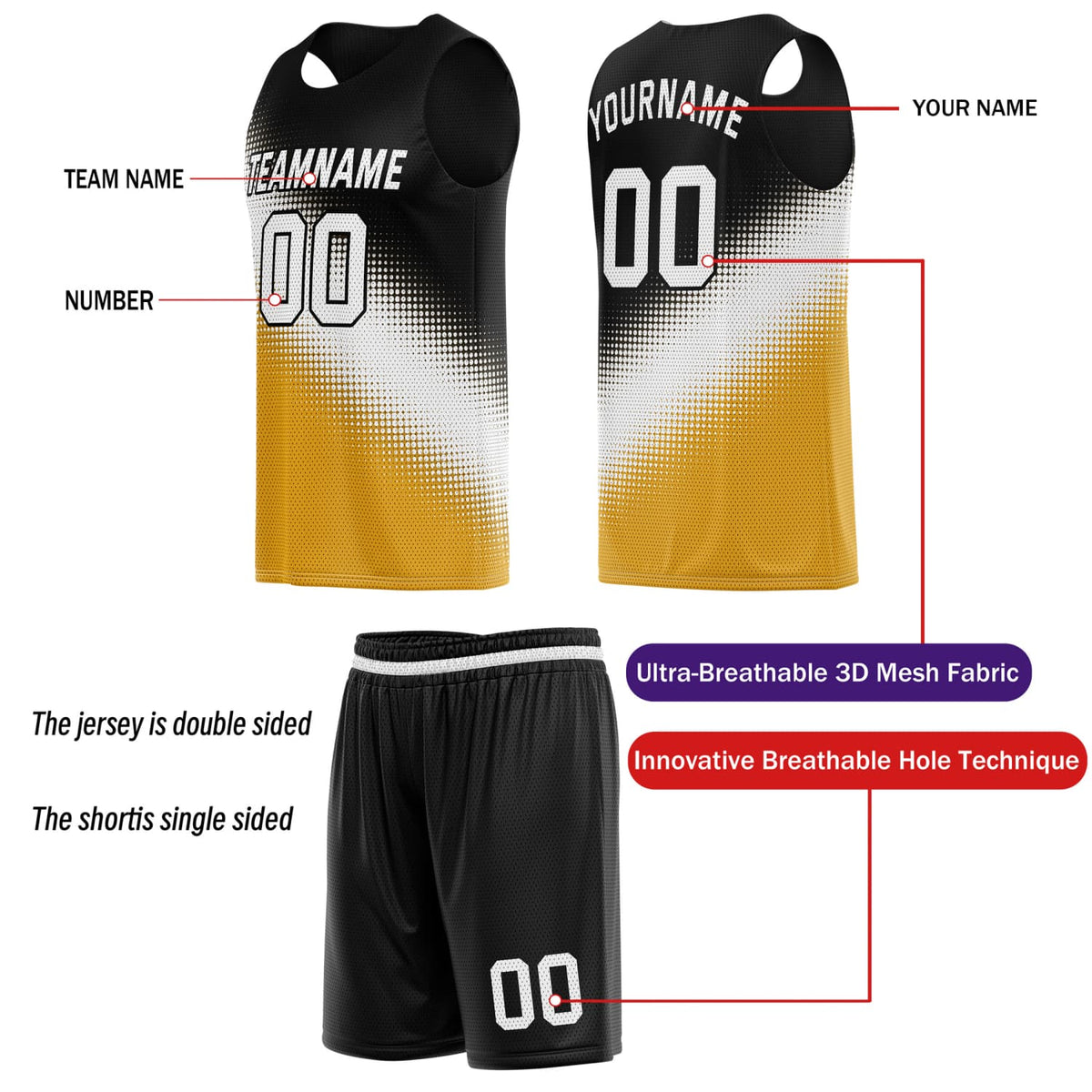 Custom Reversible Basketball Jersey & Shorts Set – Black Gold White Dot Gradient | Vosoli (For Teams & Individual Players)