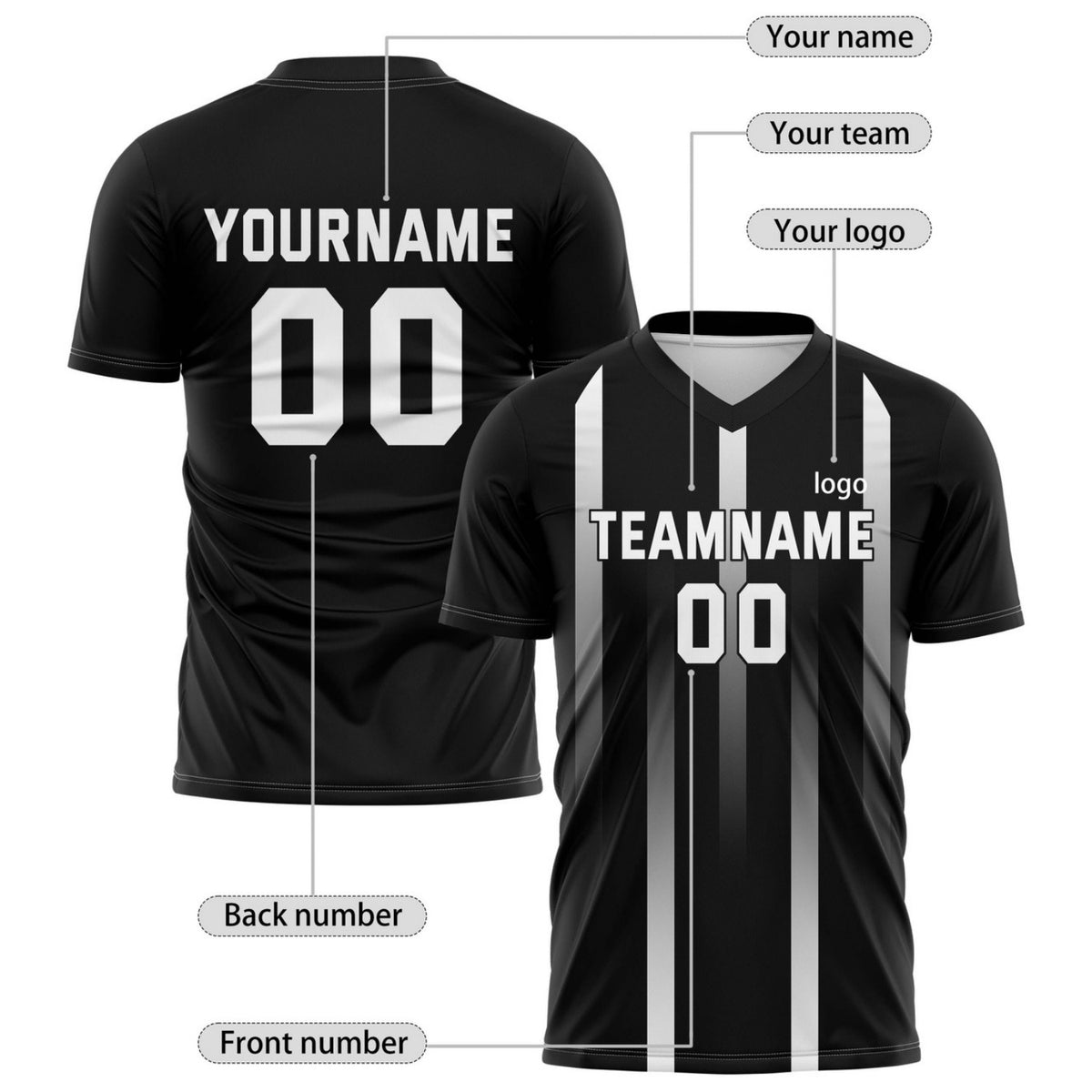 Custom Black & Gray Stripe Soccer Jersey - Personalized Team Name & Player Number for Leagues | Vosoli