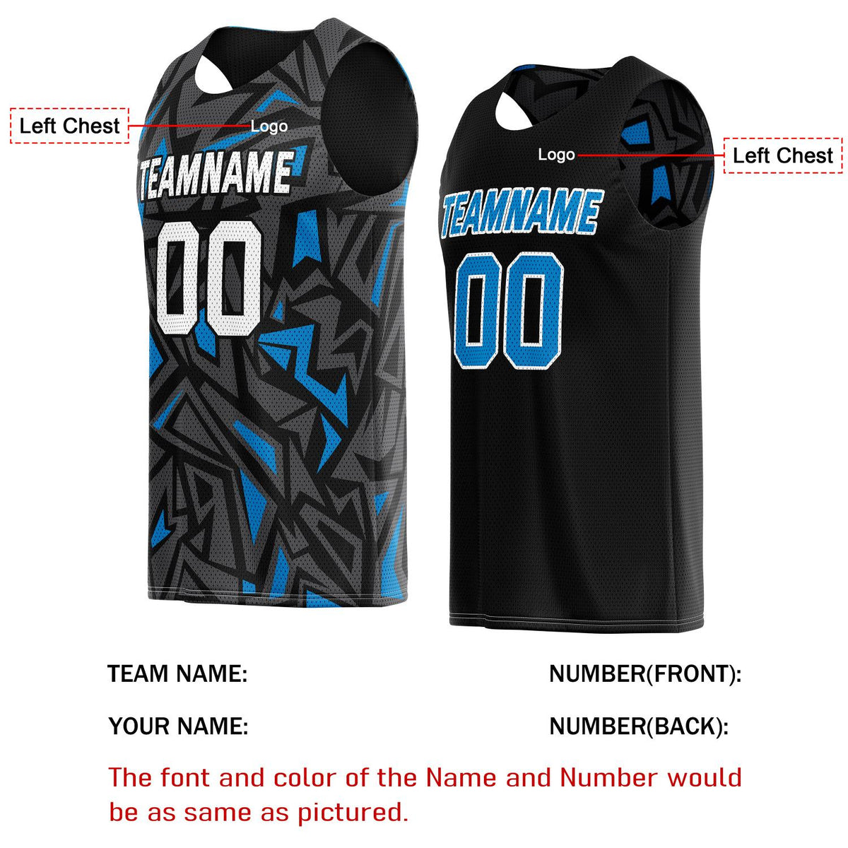 Custom Reversible Basketball Jersey for Individuals & Teams – Black Grey Blue Abstract Geo | Vosoli