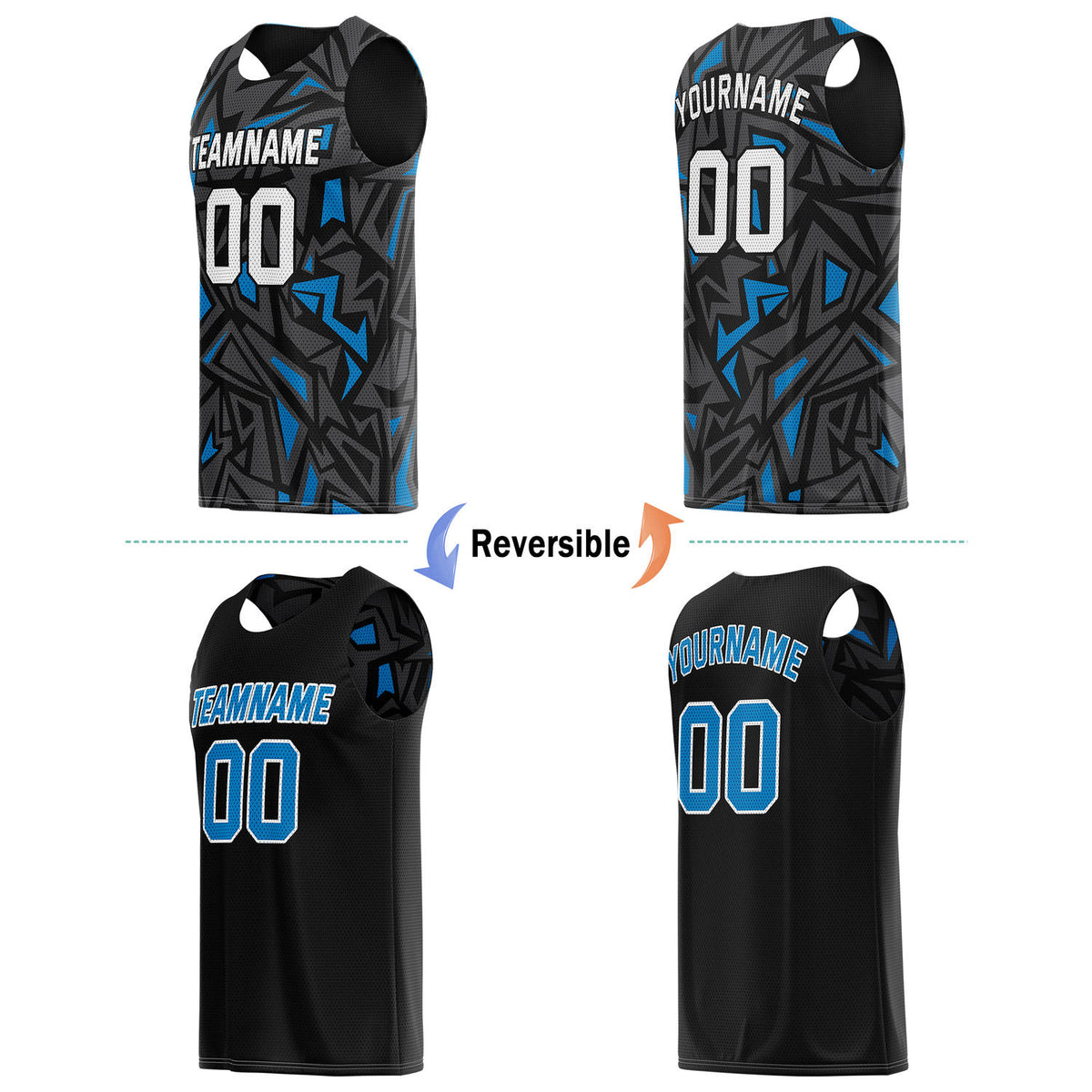 Custom Reversible Basketball Jersey for Individuals & Teams – Black Grey Blue Abstract Geo | Vosoli
