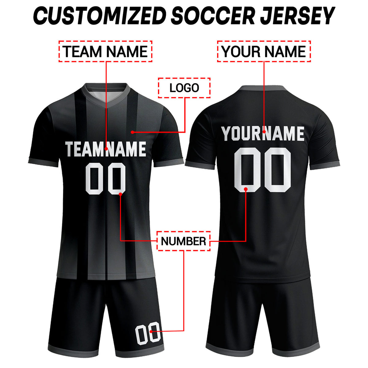 Custom Black & Grey Ombre Stripe Soccer Uniform Set for Teams & Individuals | Vosoli