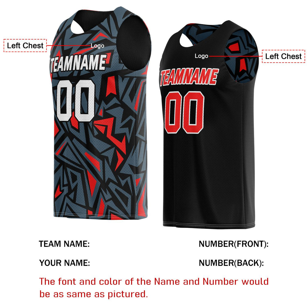 Custom Reversible Basketball Jersey for Individuals & Teams – Black Grey Red Abstract Geo | Vosoli